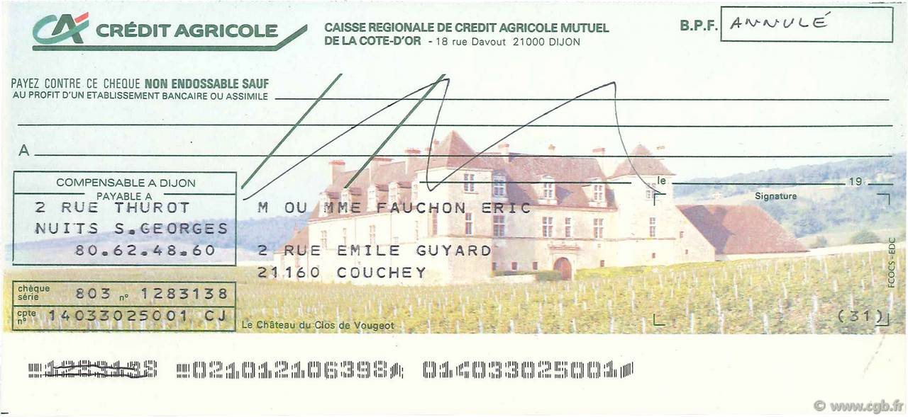 Francs Annulé FRANCE régionalisme et divers Dijon 1979 DOC.Chèque SPL