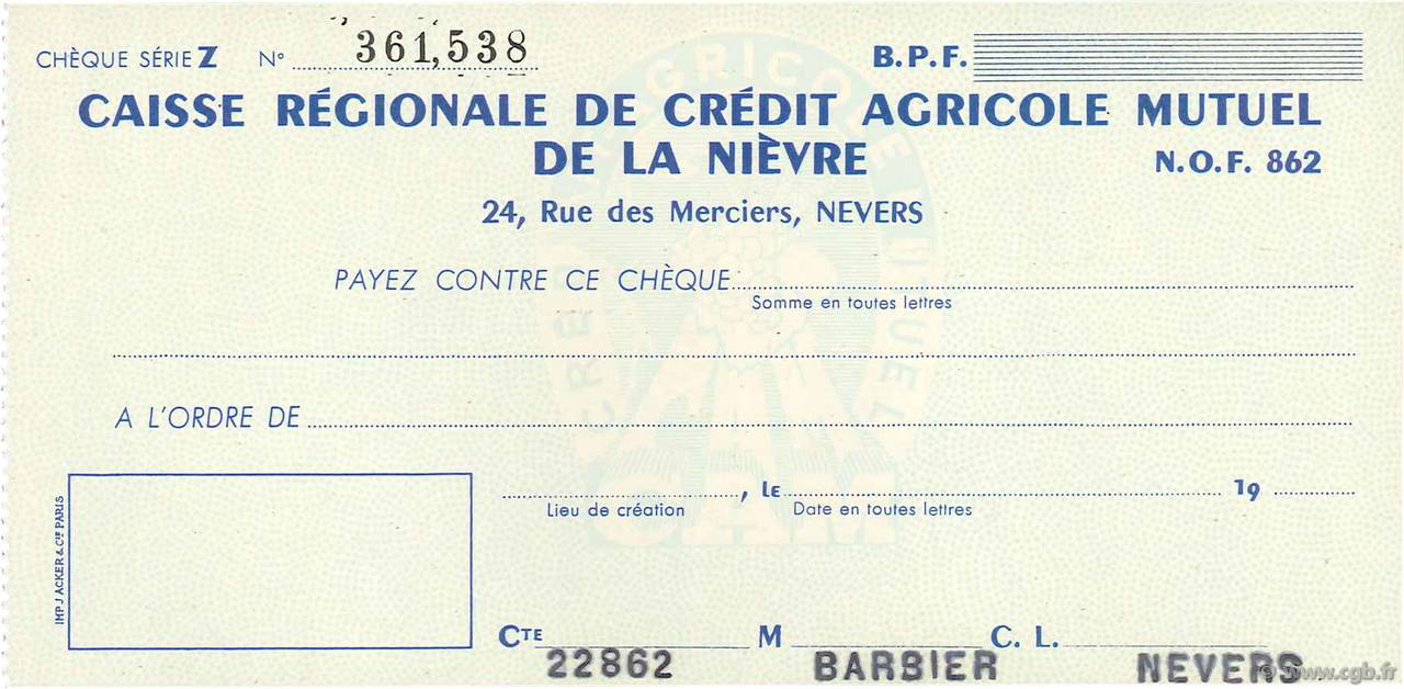 Francs FRANCE régionalisme et divers Nevers 1943 DOC.Chèque NEUF