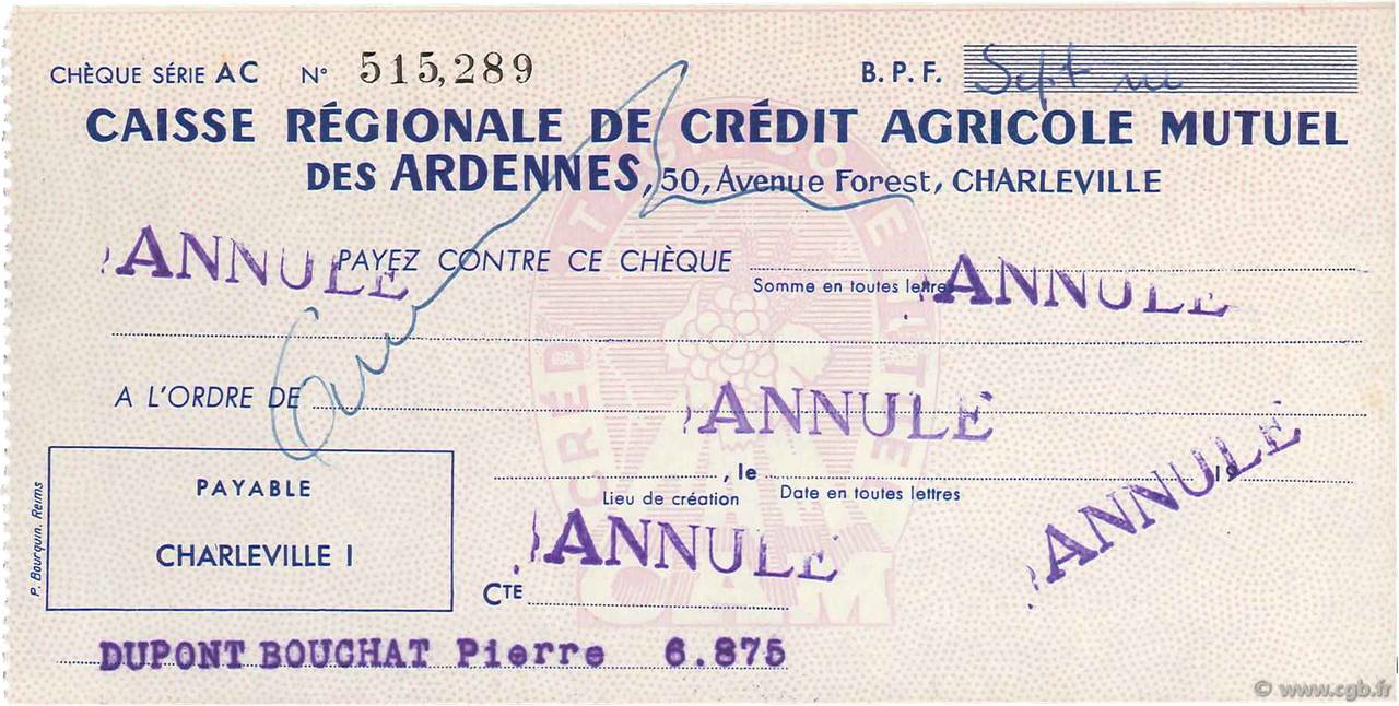 Francs Annulé FRANCE régionalisme et divers Charleville 1943 DOC.Chèque SPL