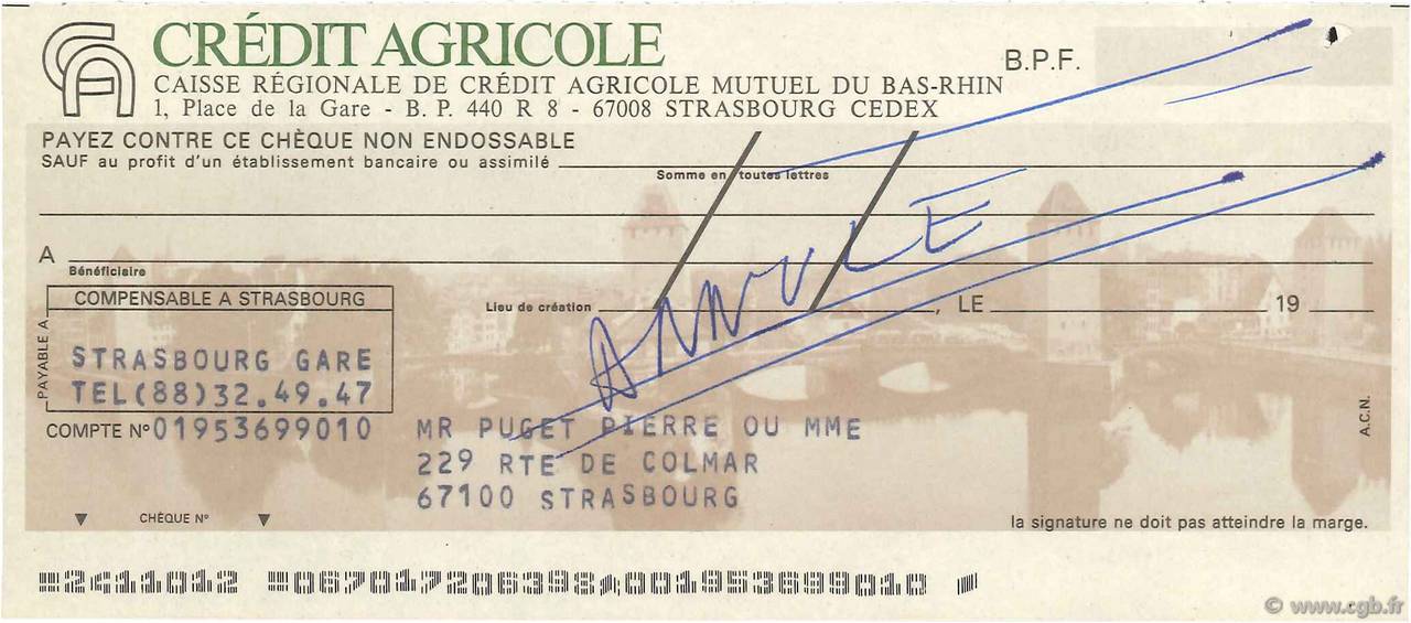 Francs Annulé FRANCE régionalisme et divers Strasbourg 1985 DOC.Chèque SUP