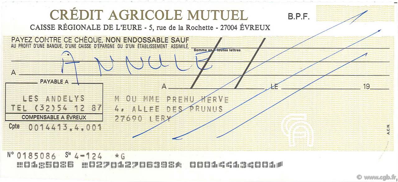 Francs Annulé FRANCE régionalisme et divers Évreux 1985 DOC.Chèque SUP