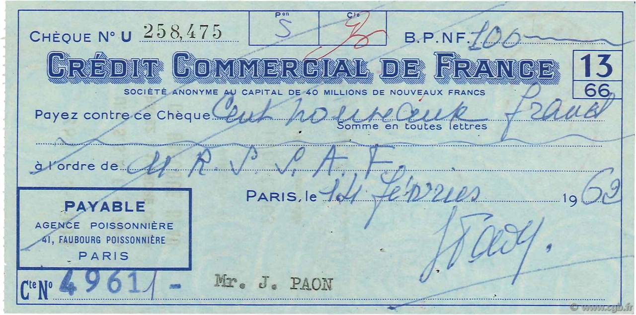 100 Francs FRANCE régionalisme et divers Paris 1962 DOC.Chèque SUP