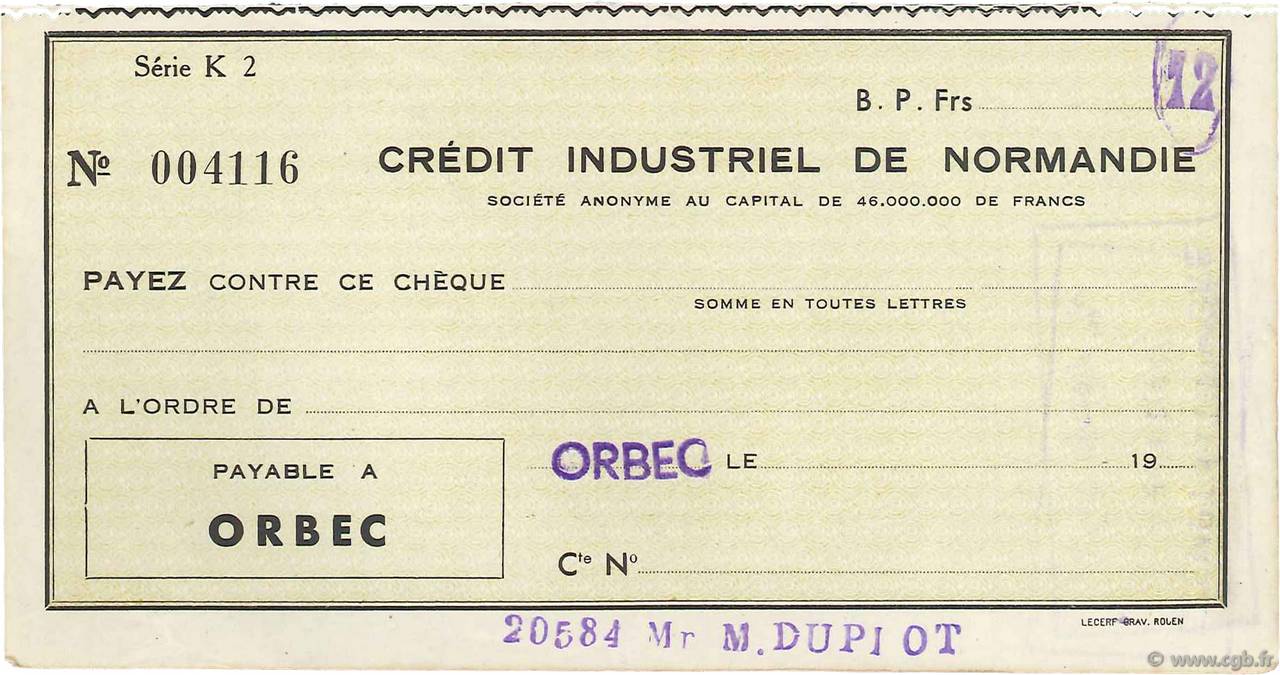 Francs FRANCE regionalismo e varie Orbec 1943 DOC.Chèque SPL