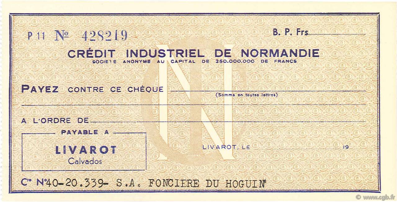 Francs FRANCE régionalisme et divers Livarot 1958 DOC.Chèque NEUF