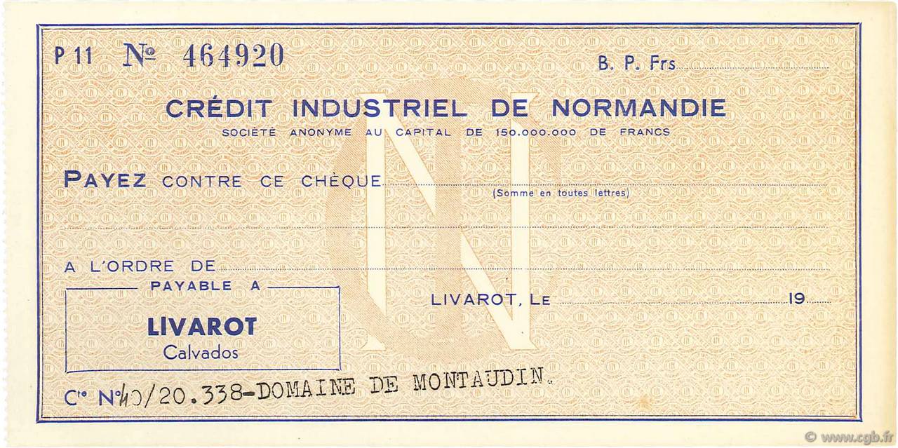 Francs FRANCE régionalisme et divers Livarot 1950 DOC.Chèque SPL