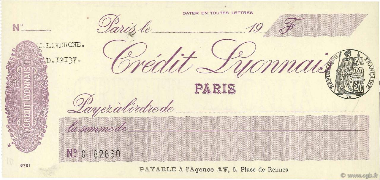 Francs FRANCE régionalisme et divers Paris 1924 DOC.Chèque SPL