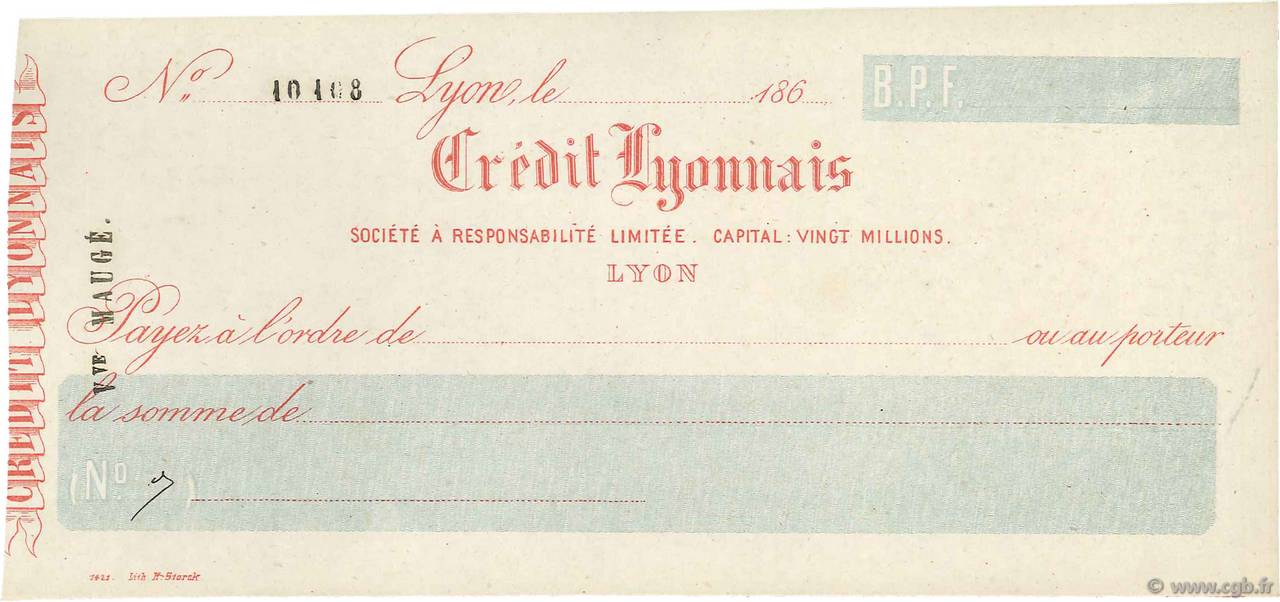 Francs FRANCE régionalisme et divers Lyon 1865 DOC.Chèque SPL