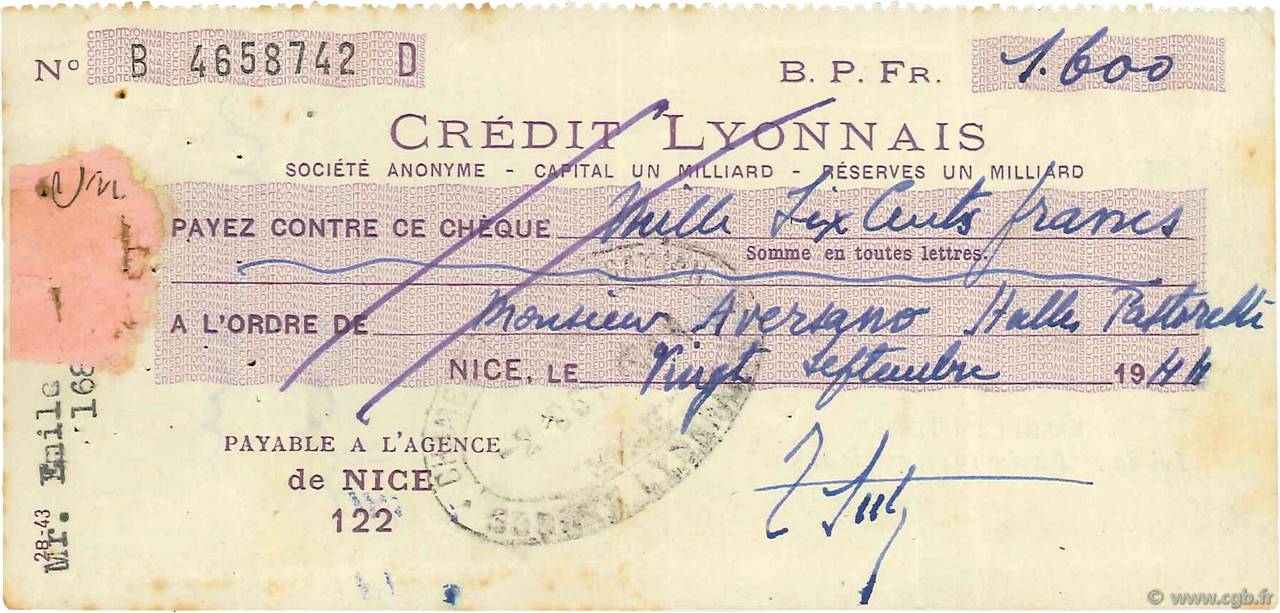 1600 Francs FRANCE régionalisme et divers Nice 1944 DOC.Chèque TTB