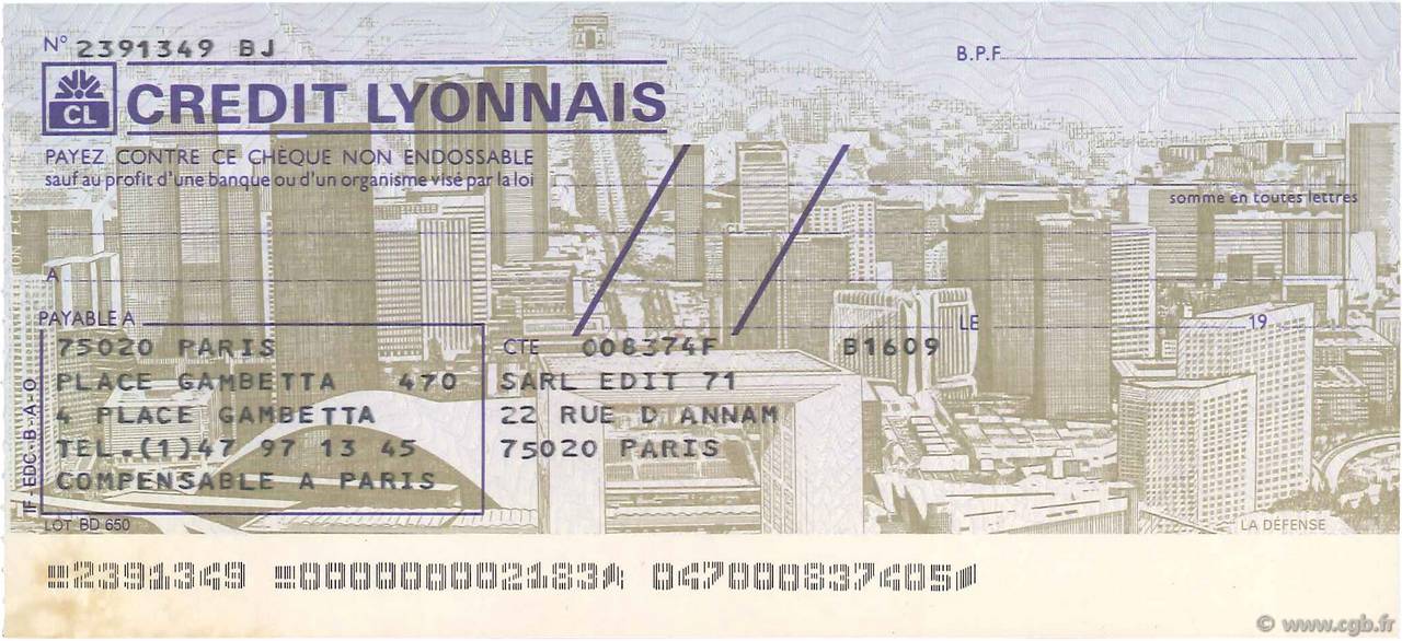 Francs FRANCE régionalisme et divers Paris 1979 DOC.Chèque SUP