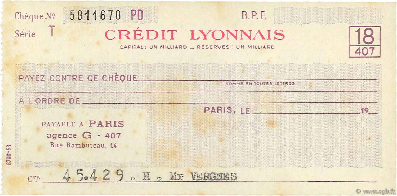 Francs FRANCE régionalisme et divers Paris 1943 DOC.Chèque SUP