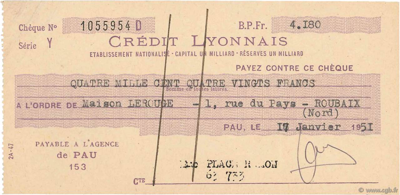 4180 Francs FRANCE régionalisme et divers Pau 1951 DOC.Chèque SUP