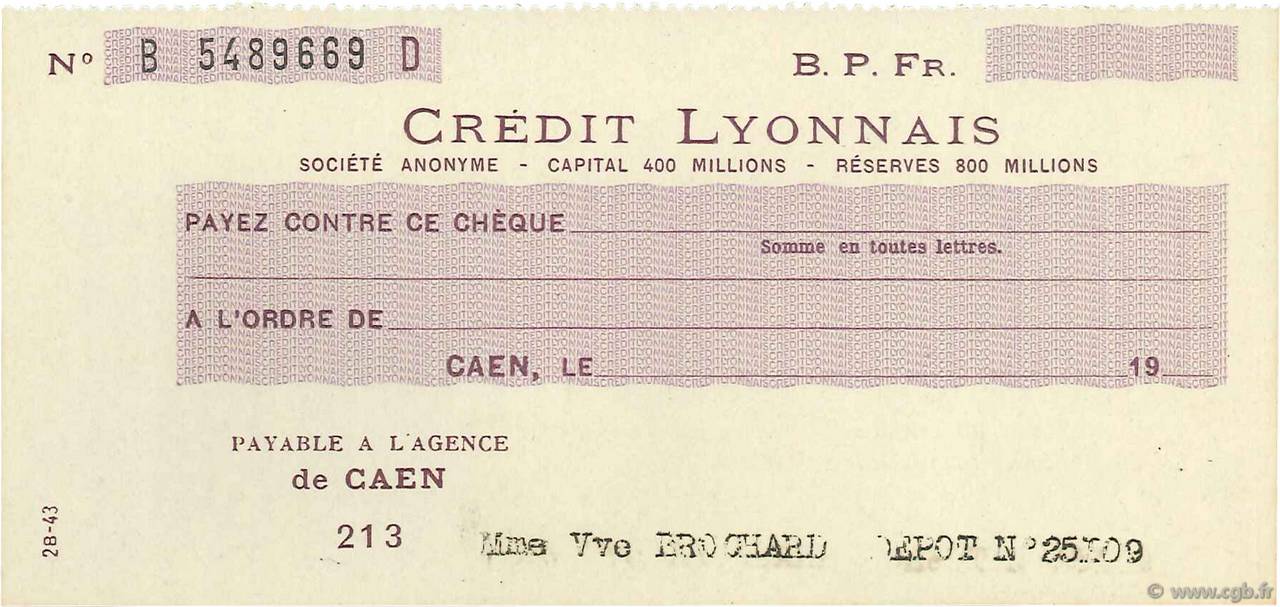Francs FRANCE régionalisme et divers Caen 1943 DOC.Chèque SPL