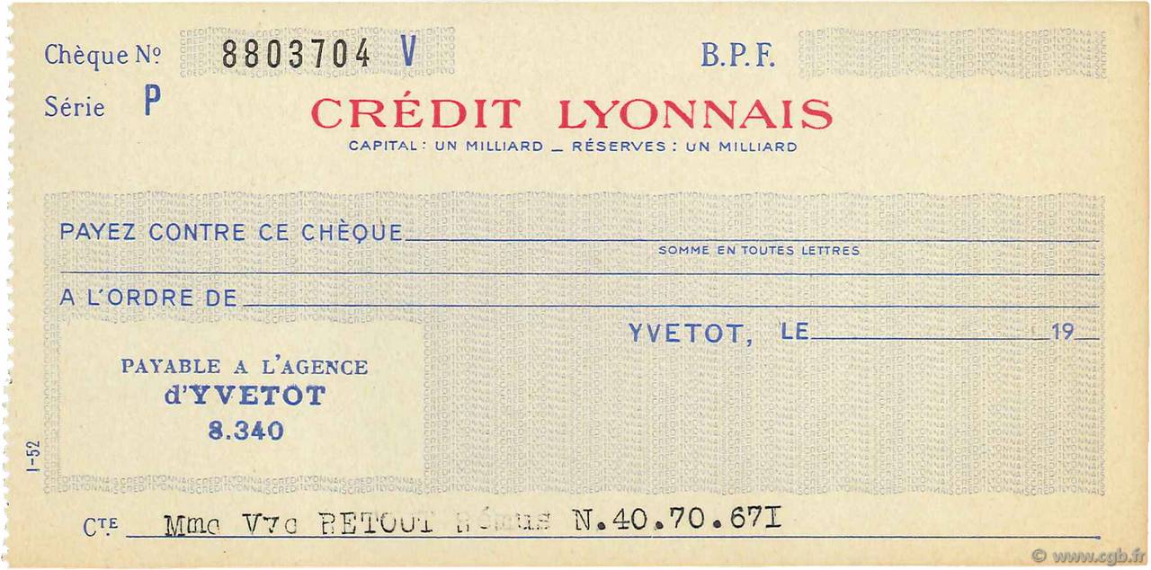 Francs FRANCE régionalisme et divers Yvetot 1943 DOC.Chèque SUP
