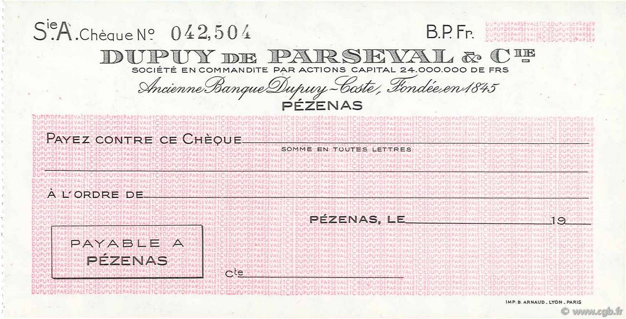 Francs FRANCE régionalisme et divers Pézenas 1943 DOC.Chèque NEUF
