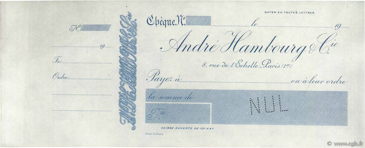 Francs Non émis FRANCE régionalisme et divers Paris 1900 DOC.Chèque SUP