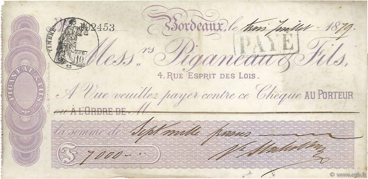 7000 Francs FRANCE régionalisme et divers Bordeaux 1879 DOC.Chèque TTB
