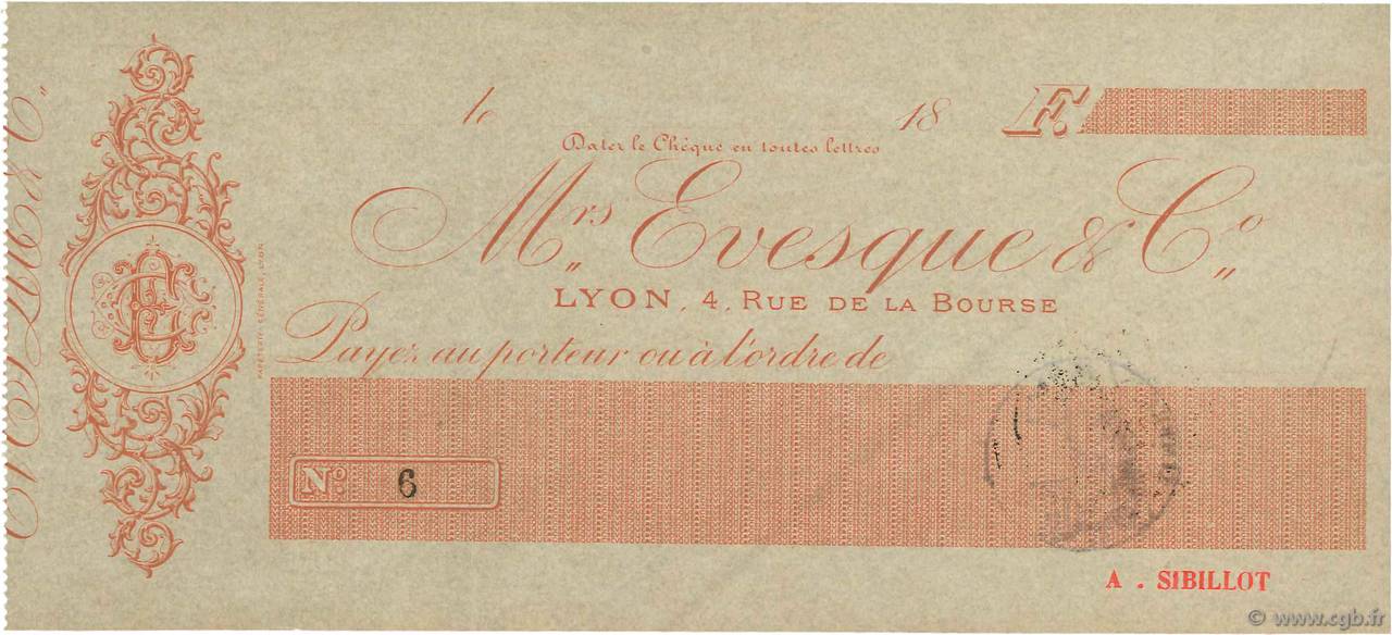 Francs FRANCE regionalismo y varios Lyon 1871 DOC.Chèque EBC