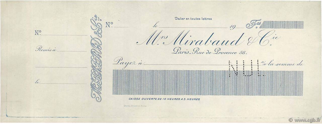 Francs Non émis FRANCE régionalisme et divers Paris 1907 DOC.Chèque SUP