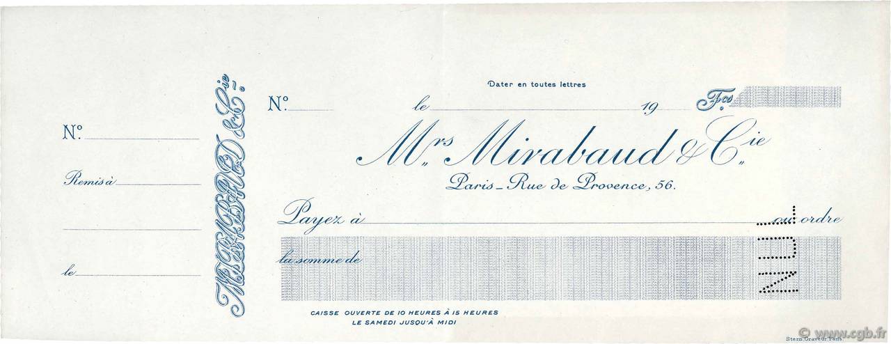 Francs Non émis FRANCE régionalisme et divers Paris 1907 DOC.Chèque SUP