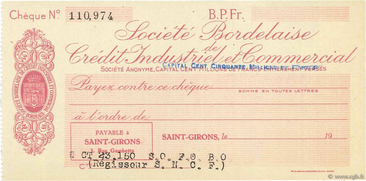 Francs FRANCE regionalismo y varios Saint-Girons 1943 DOC.Chèque SC
