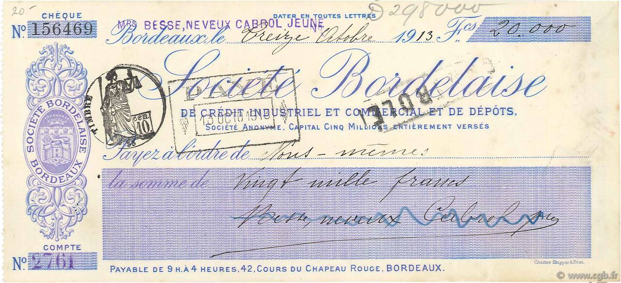 20000 Francs FRANCE régionalisme et divers Bordeaux 1913 DOC.Chèque SUP