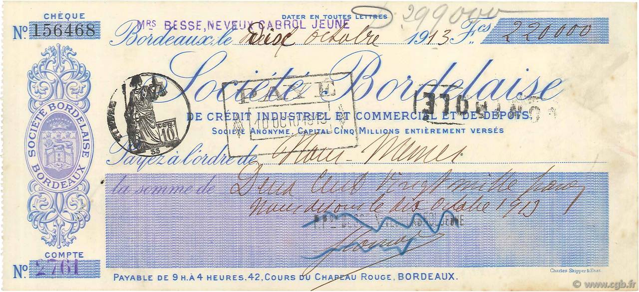 220000 Francs FRANCE regionalism and miscellaneous Bordeaux 1913 DOC.Chèque XF