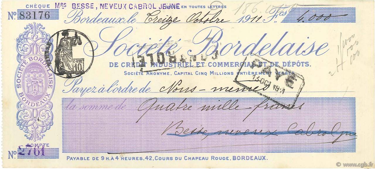 4000 Francs FRANCE régionalisme et divers Bordeaux 1911 DOC.Chèque SUP