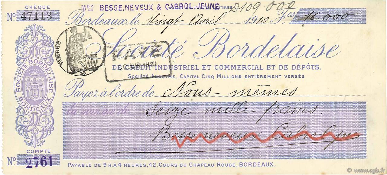 16000 Francs FRANCE regionalismo y varios Bordeaux 1910 DOC.Chèque EBC