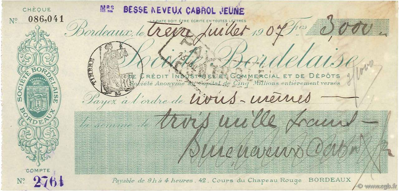 3000 Francs FRANCE régionalisme et divers Bordeaux 1907 DOC.Chèque SUP