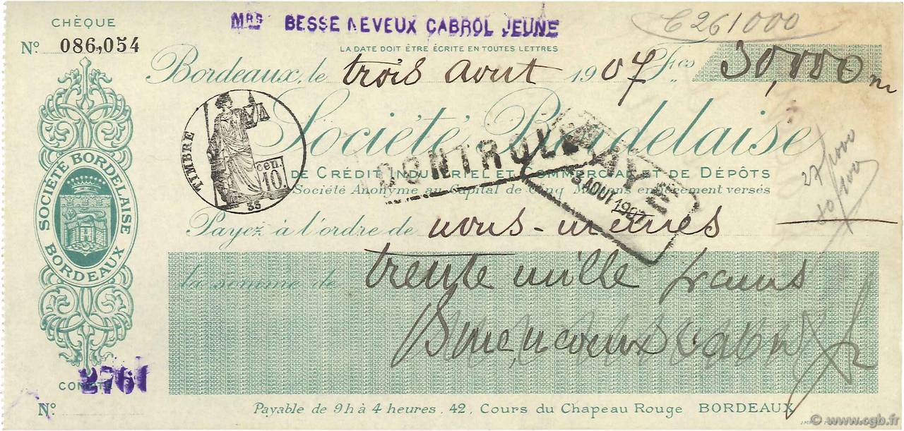 30000 Francs FRANCE régionalisme et divers Bordeaux 1907 DOC.Chèque SUP