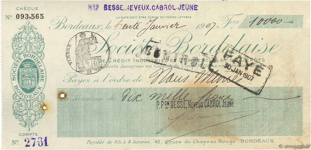 10000 Francs FRANCE régionalisme et divers Bordeaux 1907 DOC.Chèque SUP