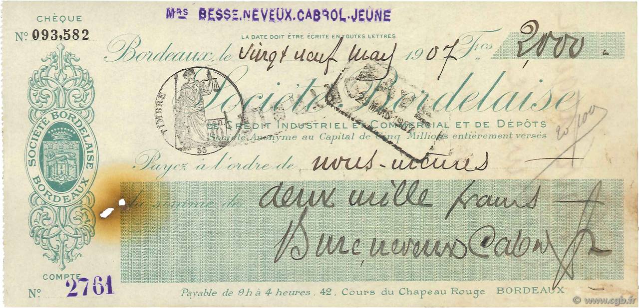2000 Francs FRANCE regionalismo y varios Bordeaux 1907 DOC.Chèque MBC