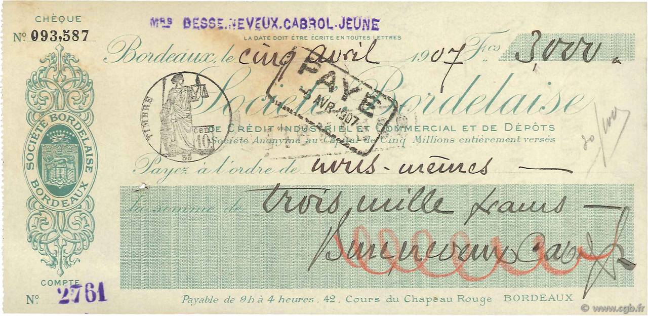 3000 Francs FRANCE régionalisme et divers Bordeaux 1907 DOC.Chèque TTB