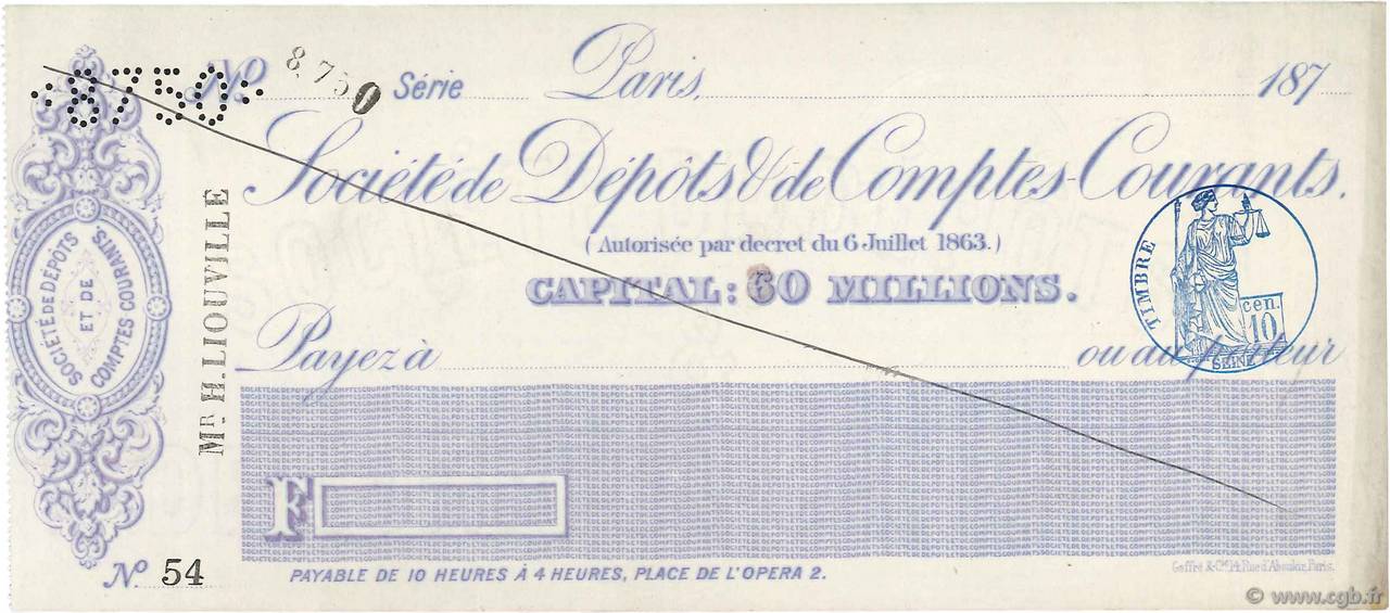 Francs FRANCE regionalismo e varie Paris 1870 DOC.Chèque SPL