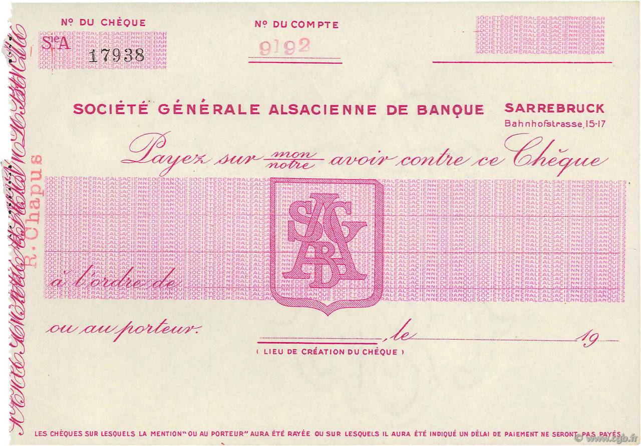 Francs FRANCE régionalisme et divers Sarrebruck 1947 DOC.Chèque SUP