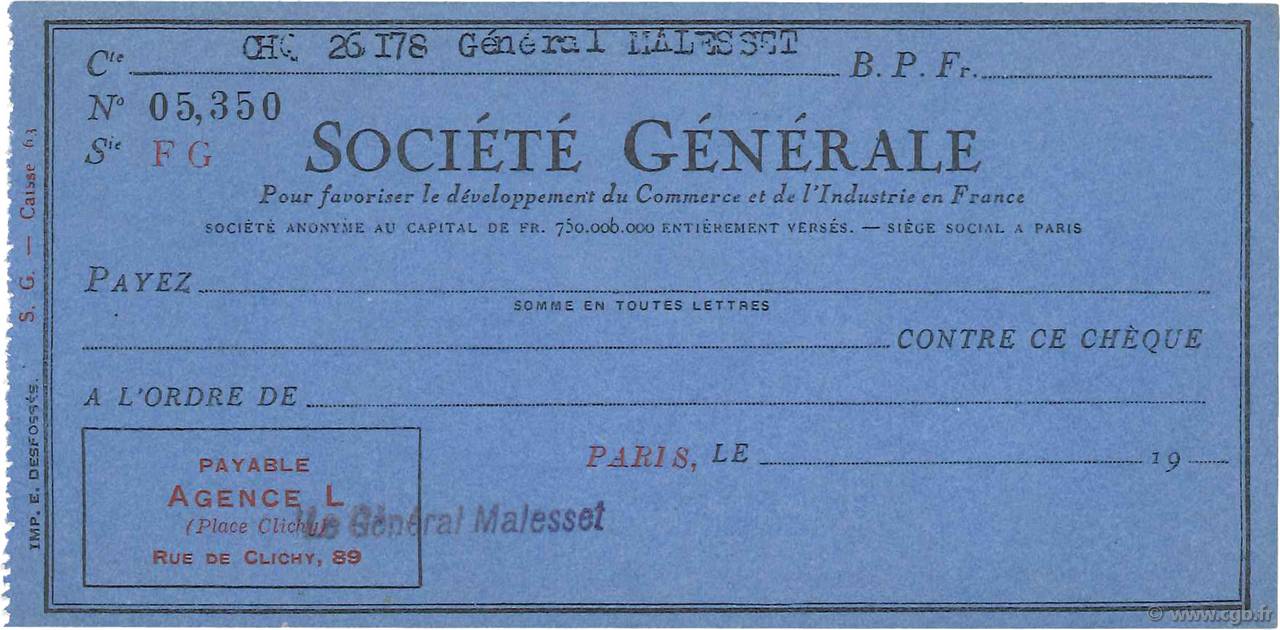 Francs FRANCE regionalismo y varios Paris 1943 DOC.Chèque SC