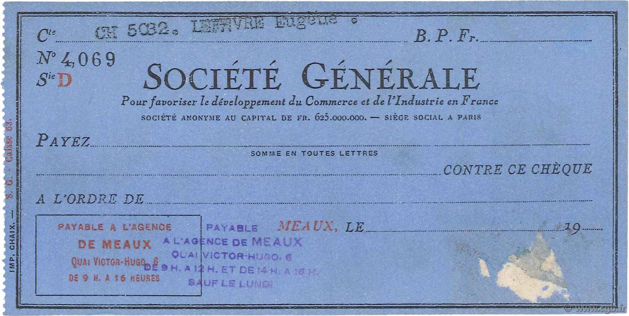 Francs FRANCE régionalisme et divers Meaux 1937 DOC.Chèque TTB
