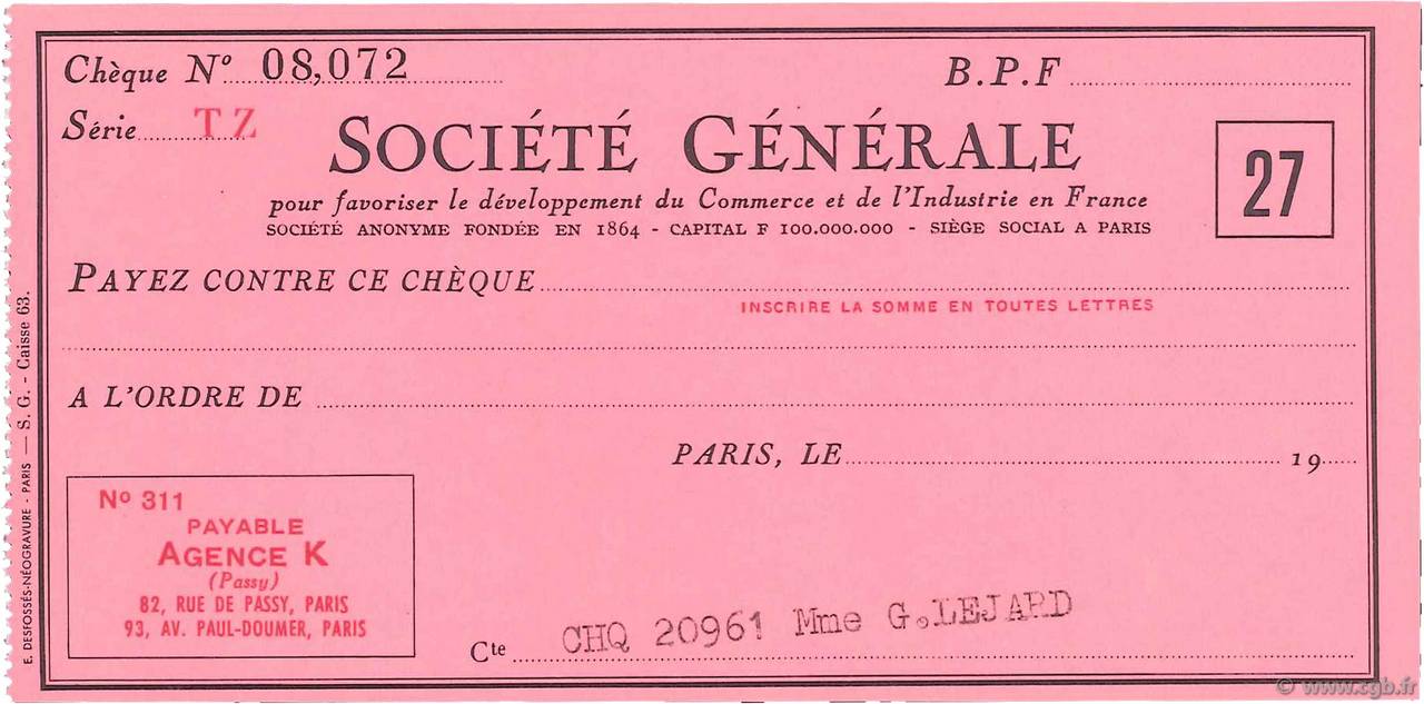 Francs FRANCE régionalisme et divers Paris 1960 DOC.Chèque SPL