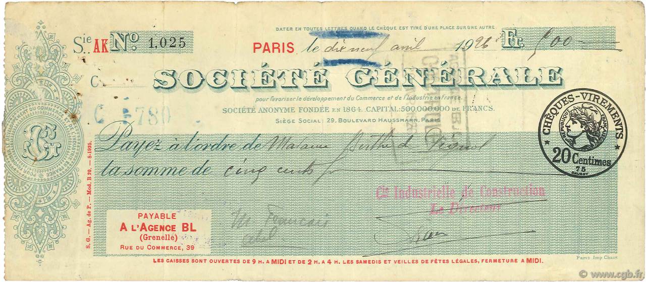 500 Francs FRANCE regionalismo y varios Paris 1926 DOC.Chèque MBC
