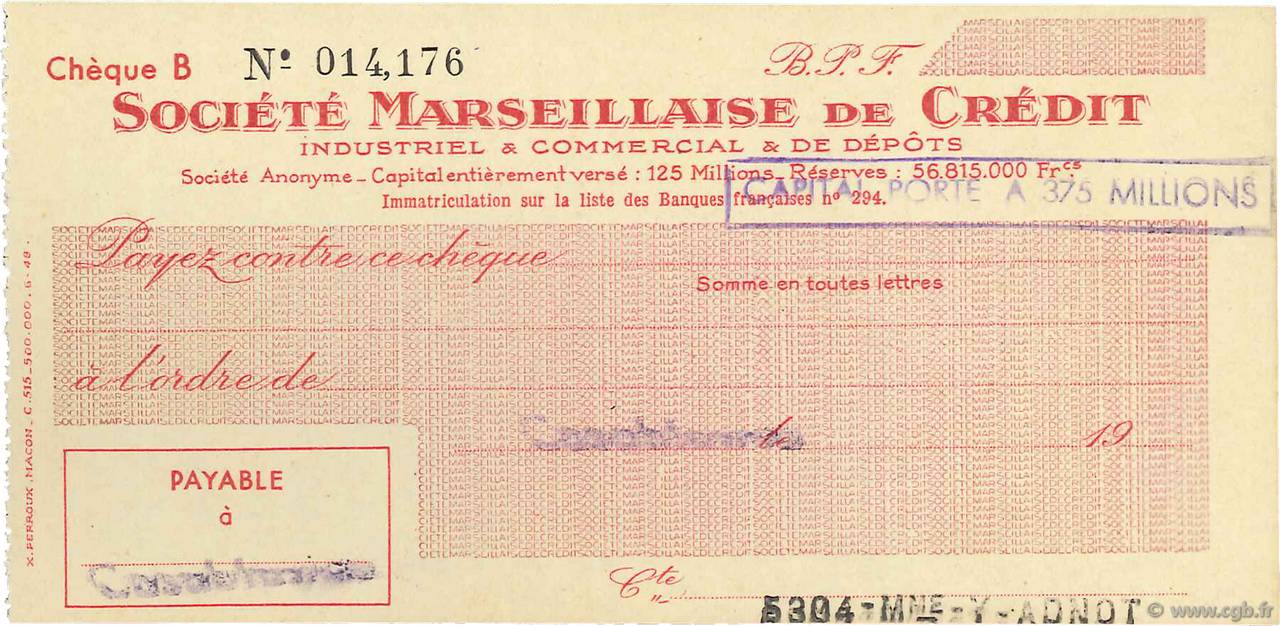 Francs FRANCE regionalism and miscellaneous Casablanca 1943 DOC.Chèque XF