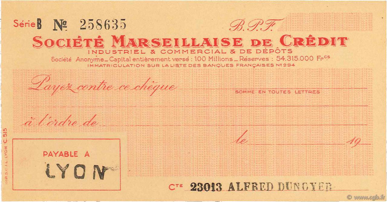 Francs FRANCE régionalisme et divers Lyon 1943 DOC.Chèque SUP