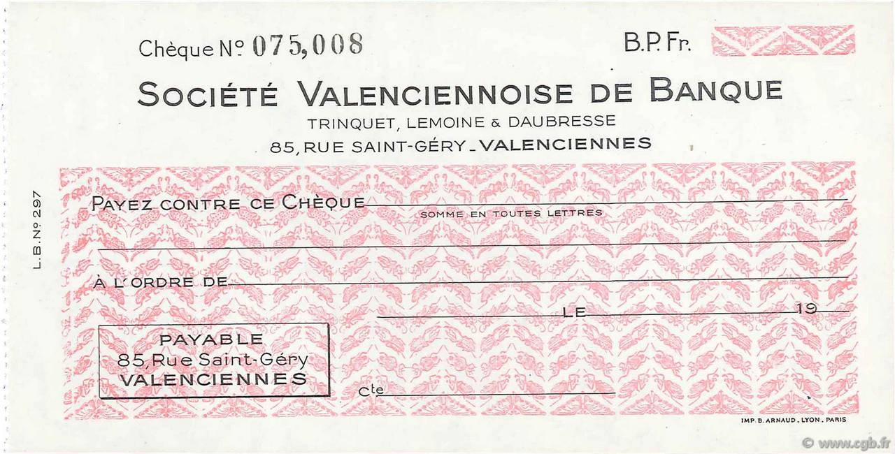 Francs FRANCE régionalisme et divers Valenciennes 1943 DOC.Chèque SPL