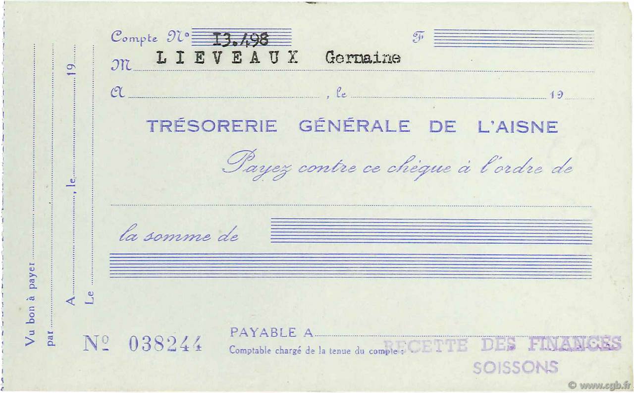Francs FRANCE regionalism and miscellaneous Soissons 1943 DOC.Chèque XF