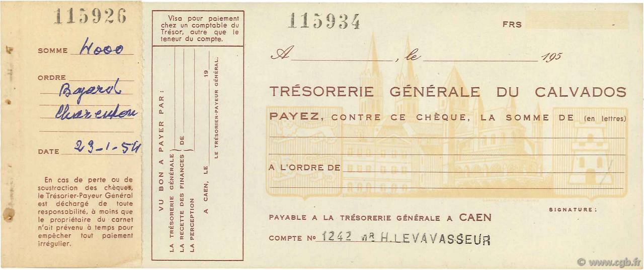 Francs FRANCE regionalismo e varie Caen 1954 DOC.Chèque SPL