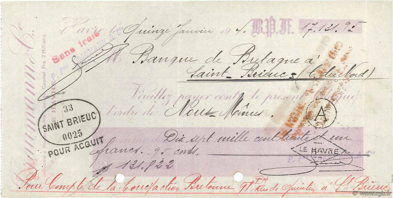 17131,95 Francs FRANCE régionalisme et divers Saint-Brieuc 1940 DOC.Chèque TTB