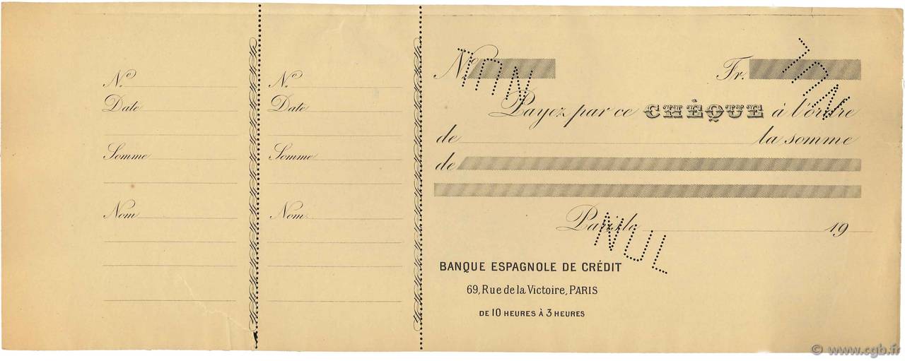 Francs Non émis FRANCE régionalisme et divers Paris 1900 DOC.Chèque TTB