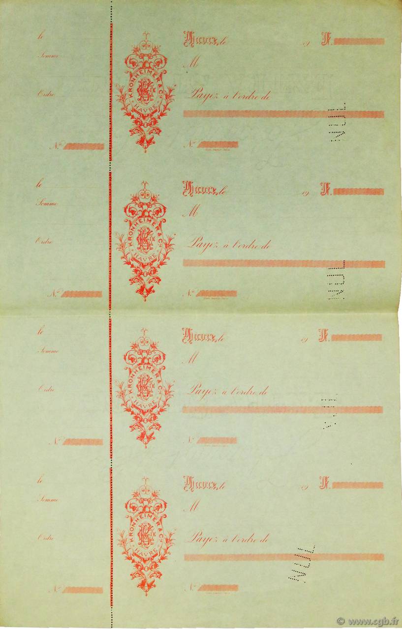 Francs Planche FRANCE régionalisme et divers Le Havre 1900 DOC.Chèque SUP