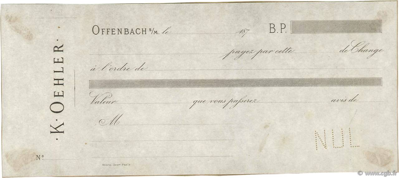 (B.P.) Non émis FRANCE regionalismo y varios Offenbach S/M 1870 DOC.Chèque MBC