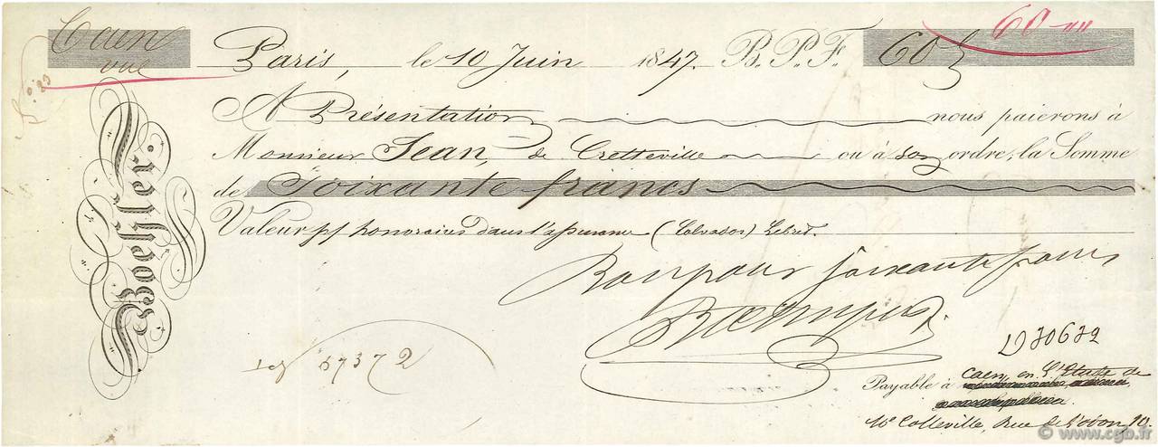 60 Francs FRANCE régionalisme et divers Paris 1847 DOC.Chèque TTB