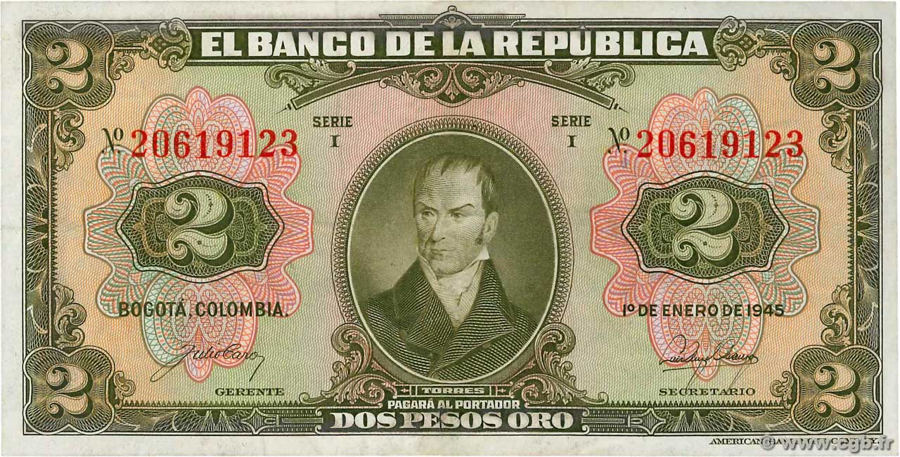 2 Pesos Oro COLOMBIE  1945 P.390b SUP+
